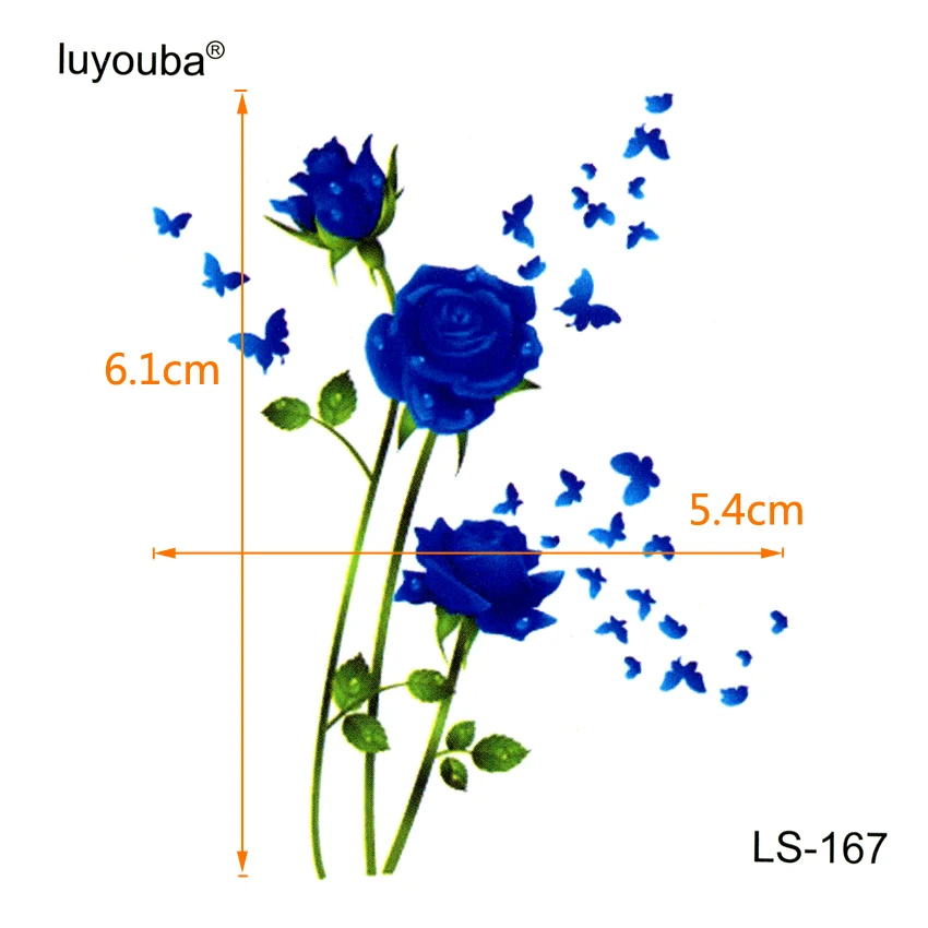 Голубая роза и бабочка, водостойкая временная татуировка, наклейка, синие цветы, поддельные татуировки, флеш-стикер, s Tatuagem Tatoo