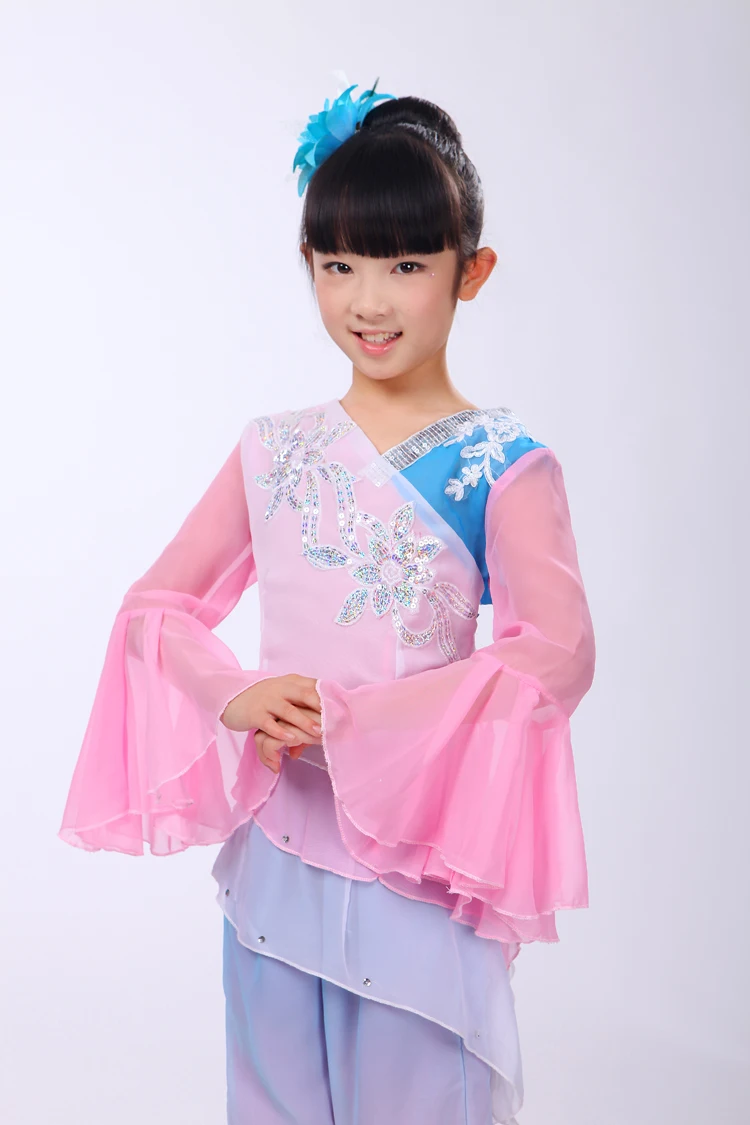 (0174) Chinese folk dance children pinl costumes Girls Embroidery Hanbok fan yangko classical dancing stage performance clothes