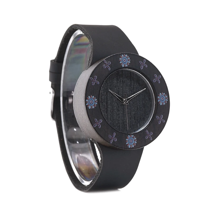 BOBO BIRD CbD25 Womens Ebony Vintage Round Wood Watch Leather Strap Ladies Bamboo Wood Watches Customize Watch for Men
