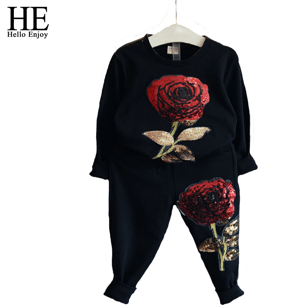 

HE Hello Enjoy kids girls clothing sets children clothing autumn Girls clothes Long sleeve Roses Floral Embroidered tracksuits