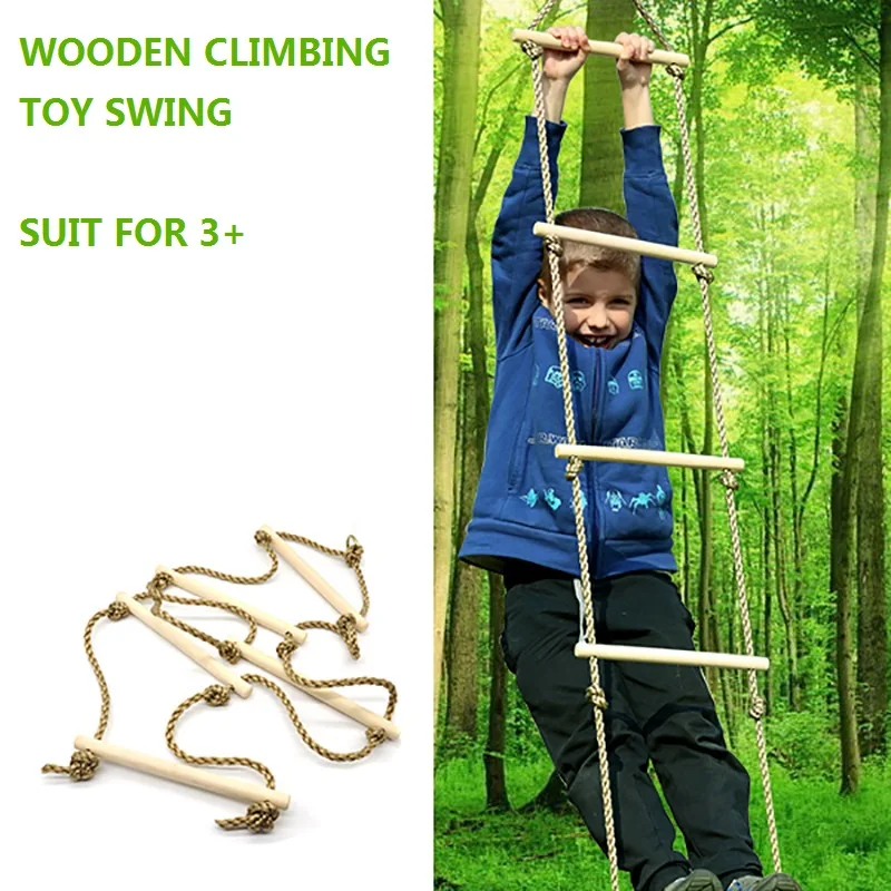 Children Toy Swing Outdoor Indoor Wood Ladder Rope Playground Games For Kids Climbing Rope Swing Wooden 5 Rungs PE Rope