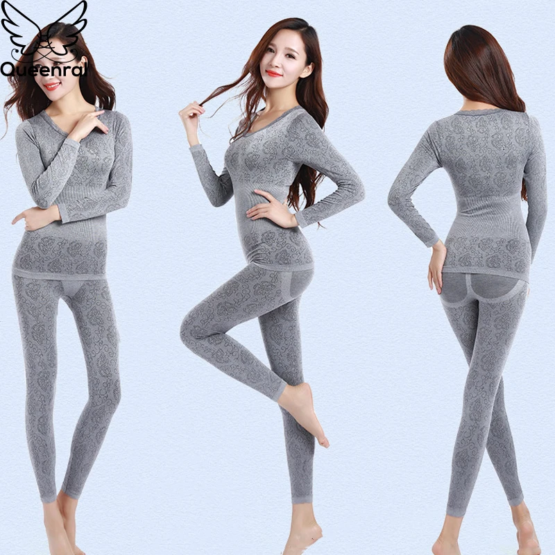 Queenral Sexy Warm Thermal Underwear Women Winter Thermal Underwear Seamless Long Johns Breathable Ladies Slim Underwears Sets