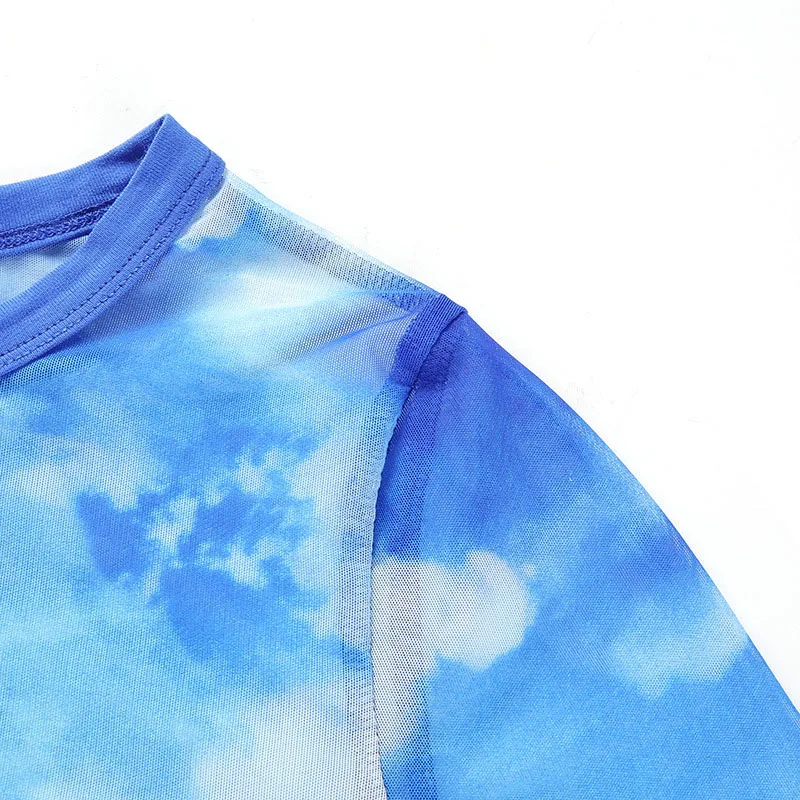 Новинка, винтажный женский короткий топ с принтом голубого неба и белых облаков, облегающий Женский Топ с длинным рукавом и сеткой, женские сексуальные футболки