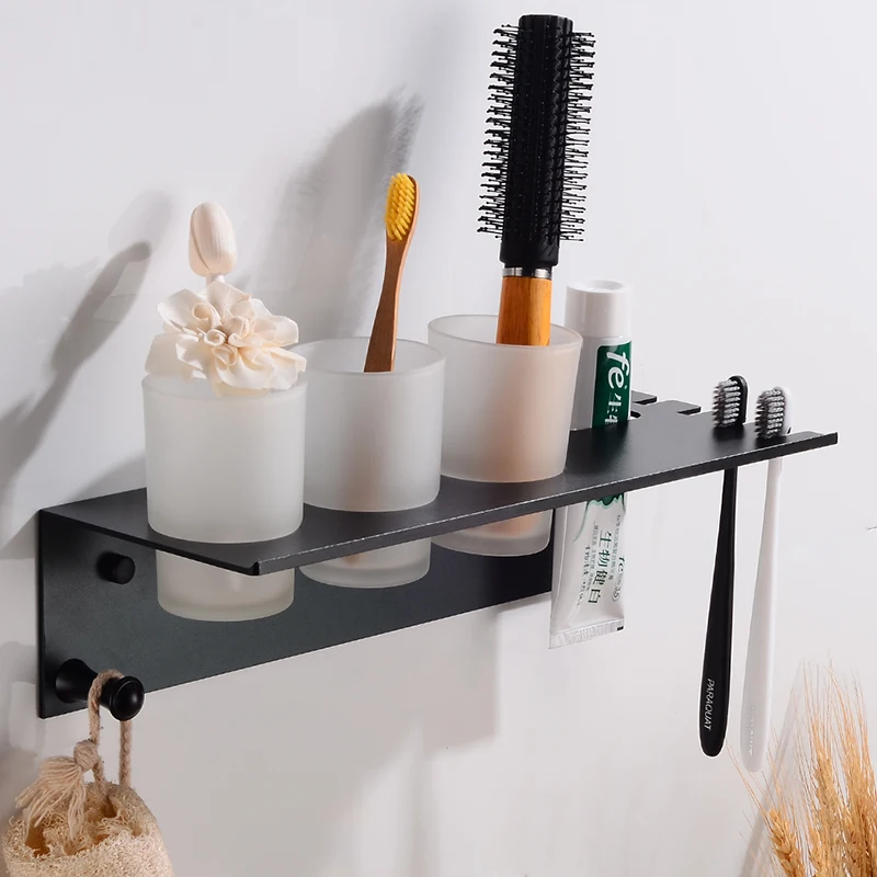 Toothbrush Holder Black Aluminum Bathroom Shelves Decorative Bathroom Accessories Toothbrush Holder Set With 3 Cup Wall Mounted