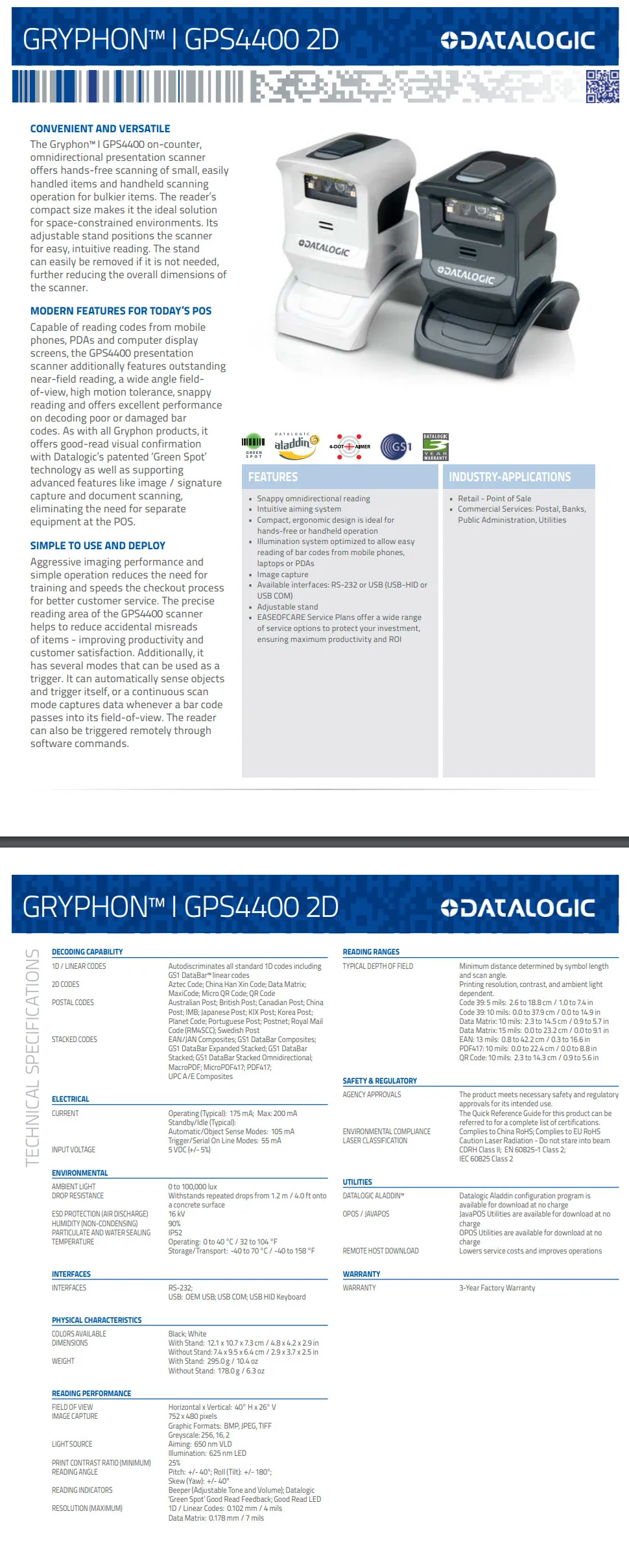 Datalogic Gryphon Gps4400 Presentation Barcode Scanner for sale online 