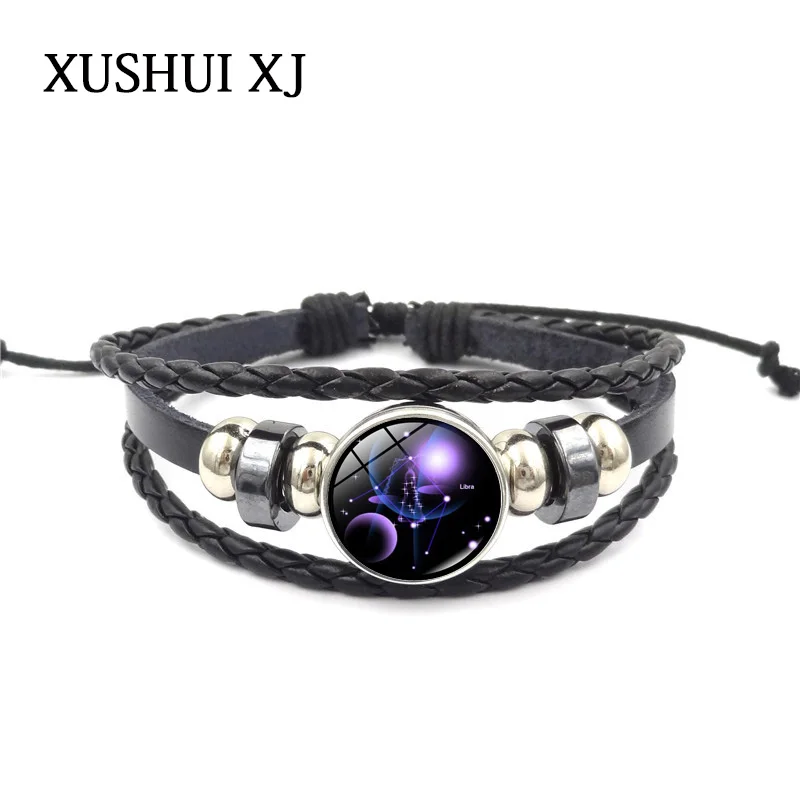 

XUSHUI XJ Zodiac Glass Metal Buckle Charm Bracelet Women Fashion Constellation Jewelry Black Weave Multilayer Leather Bracelet