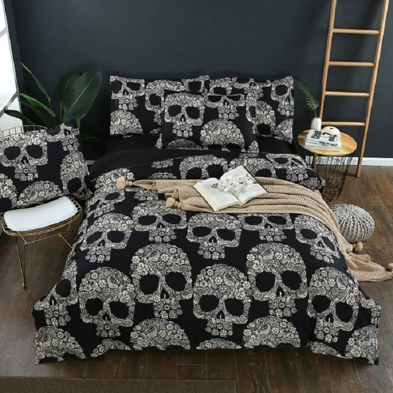 

new arrival 3D skull skeleton black death's-head design fire twin king queen double bedclothes duvet cover set bedding set