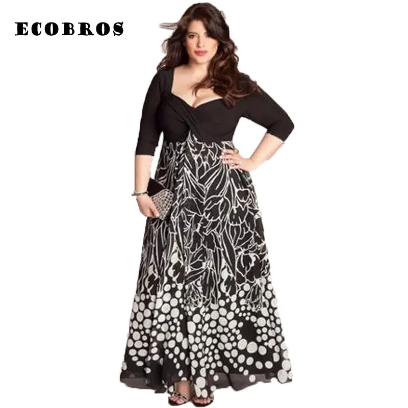 

ECOBROS 2019 New Big size 6XL Fat MM Woman Summer Dress square collar Loose printing long dresses plus size women clothing 6xl