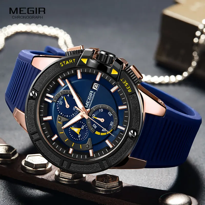 MEGIR Мужские кварцевые часы с хронографом новые военные спортивные наручные часы лучший бренд светящиеся Relogios Masculino часы 2095 синий