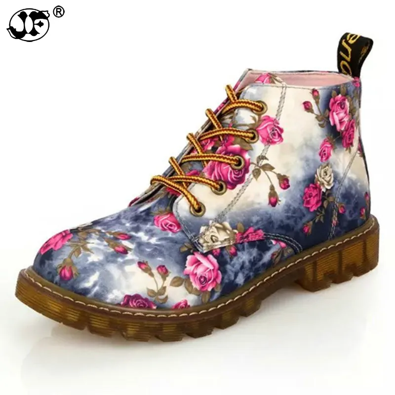

Fashion Women Boots Floral Printed Martin Boots Soft Sole Ankle Boots Lace up Platform Shoes Woman 884