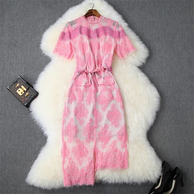 Дизайнерский летний комплект одежды из 2 предметов для подиума, женский свободный кружевной топ с короткими рукавами и стандартная юбка, костюмы - Цвет: Розовый