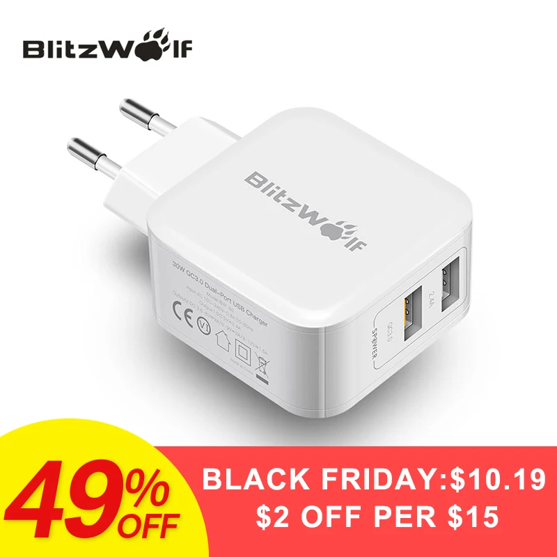 

BlitzWolf QC3.0 USB Charger Adapter Travel Wall Charger Mobile Phone Fast Charger For iPhone X 8 6s Plus For Samsung Smartphone