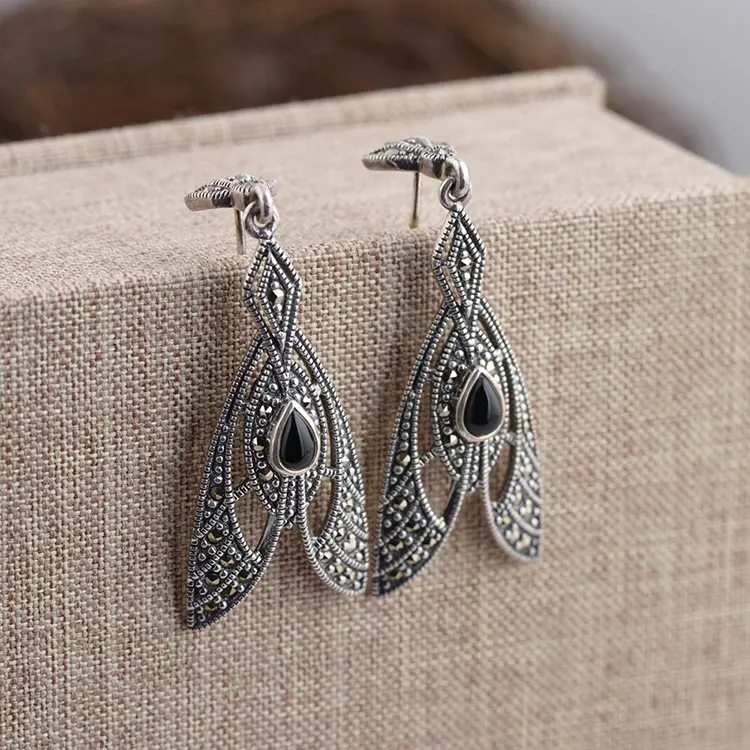 Black Agate earring 925 Серебряные серьги для Для женщин гарнитур ювелирных украшений из природного цвета: зеленый, черный камень S925 стерлингового серебра boucle d'oreille серьги-подвески с перьями - Окраска металла: Black Agate earring