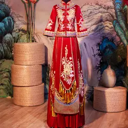 Кисточка для женщин Cheongsam стоячий воротник нарядное плиссированное платье Emdroidery классический костюм праздничный костюм длинный рукав