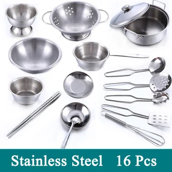 

Hot 1Set 16 Pcs Pretend Play Toy Stainless Steel Children Toy Miniature Cooking Set Simulation Playhouse Tableware New Year Gift
