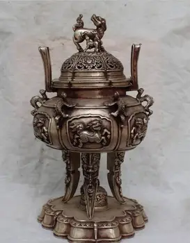 

13"Marked Chinese Silver Dragon Phoenix Kylin Foo Fu Dog 3 Layers Incense Burner fast