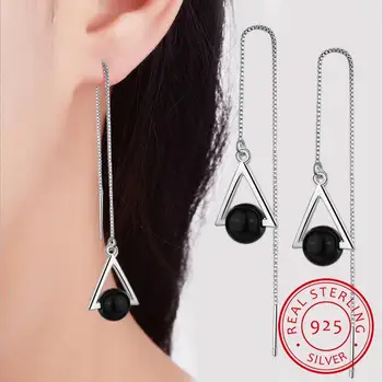 

Beautiful Triangle Geometric 925 Sterling Silver Jewelry Long Exaggerated Natural Black Crystal Tassel Dangle Earrings Se315