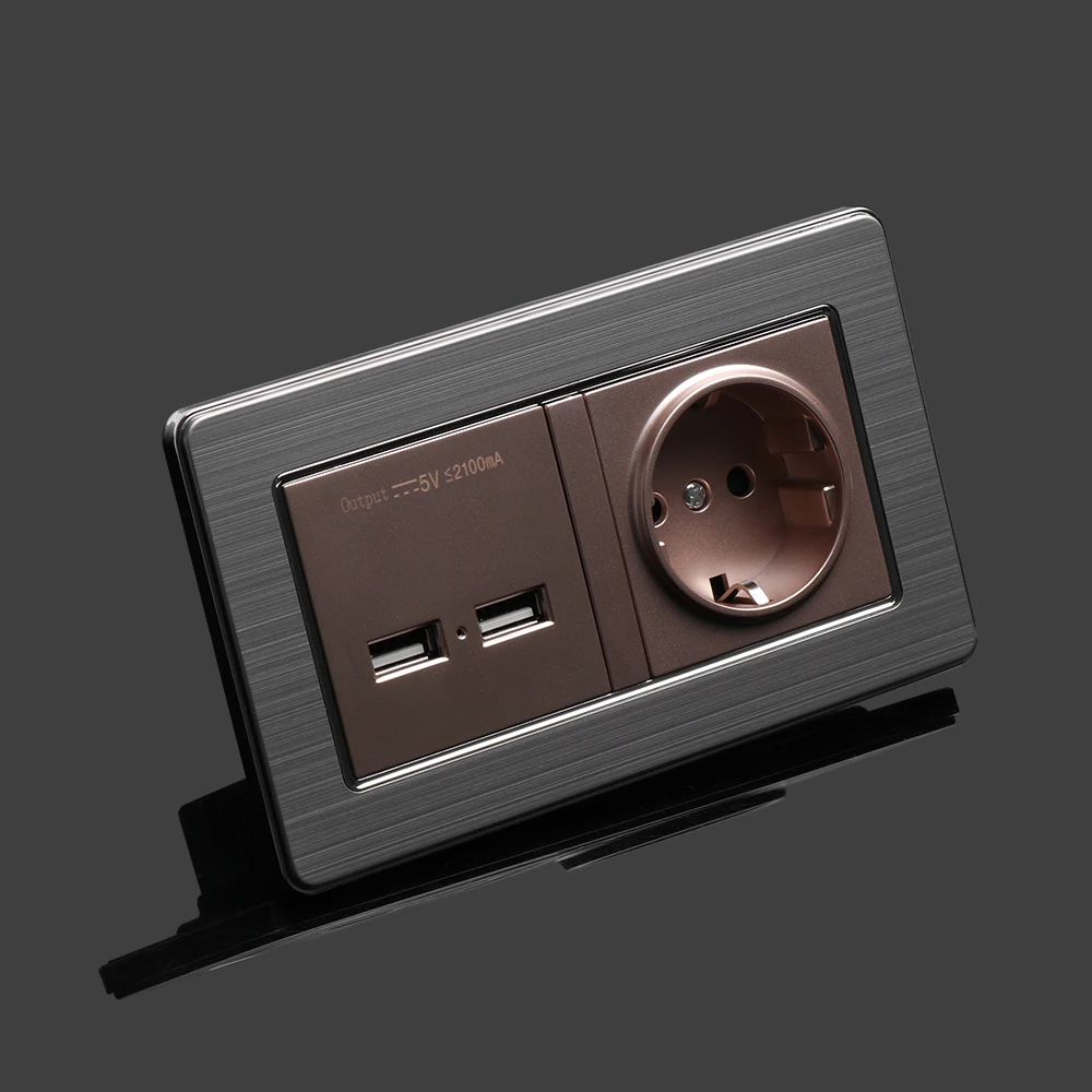 

5V 2.1A Stainless Steel Panel Switches Wall Power Socket EU Plug Power Outlet With Dual USB Smart Charge Port For Household