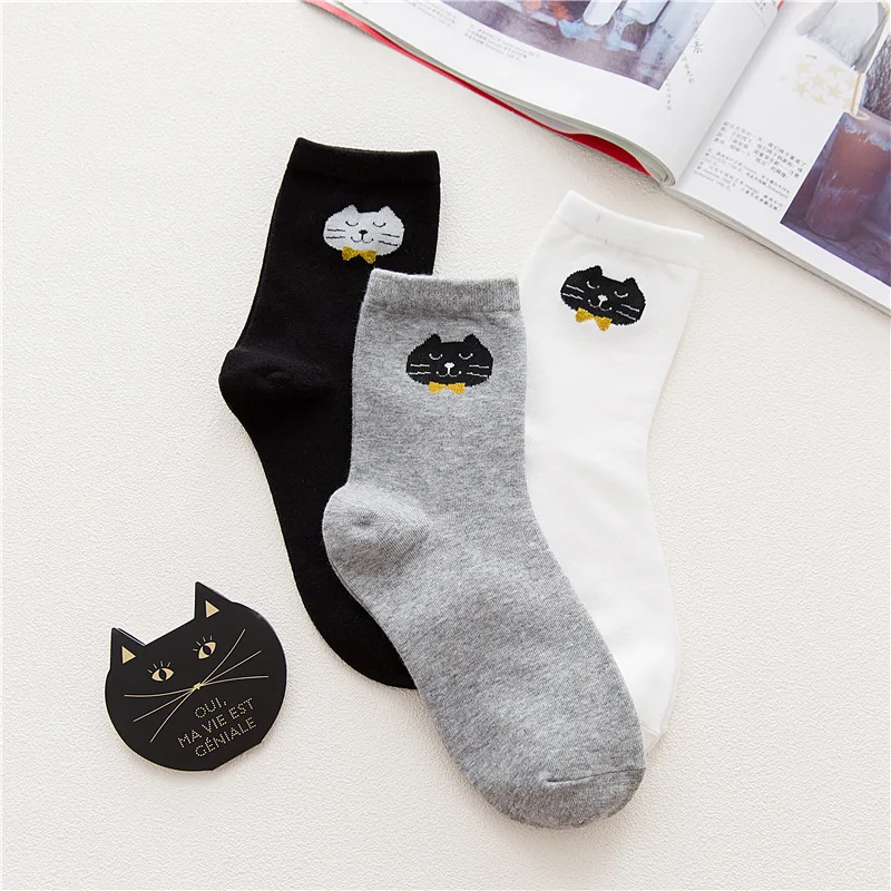 Lovely Personalized embroidery Cat Head Women's Socks Comfortable Casual Cute Character Crew
