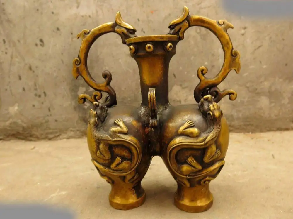 

8" China brass fine workmanship carved Dragon Siamese cans Pot Sculpture Statue