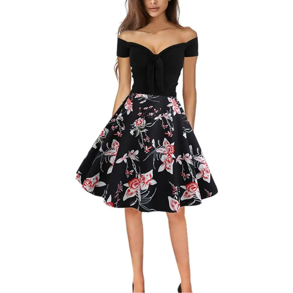 

JAYCOSIN Women Dress Plus Size Vintage Sundress Retro Off Shoulder Printing Evening Party Prom Swing Dress Black Vestido z0201.