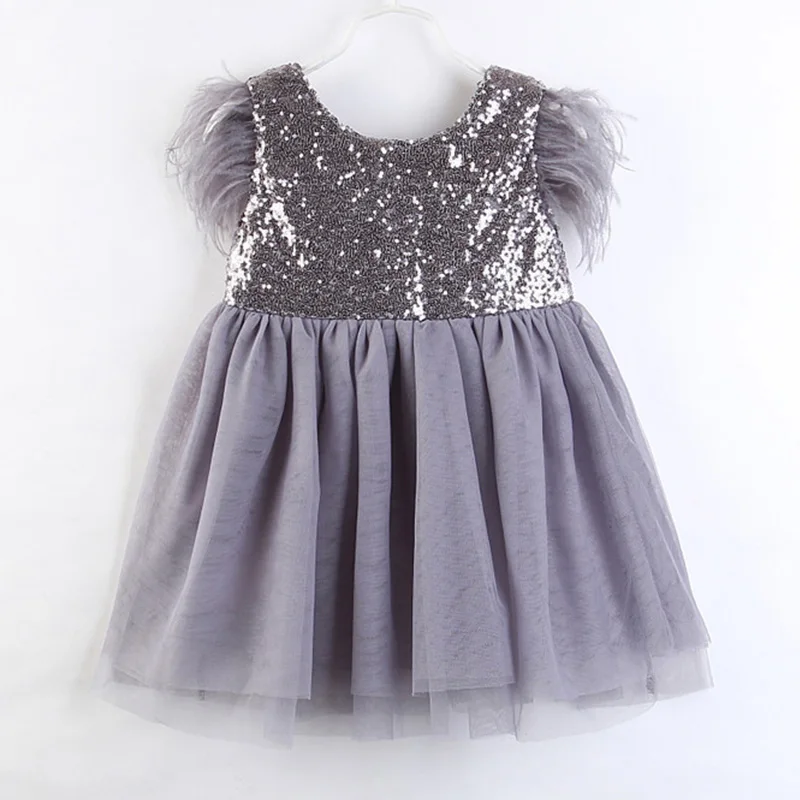 Nerlero/вечерние платья для малышей; платье без рукавов с рукавами-перьями; платье принцессы с блестками; детское праздничное платье; одежда для маленьких девочек - Цвет: AZ1947 grey