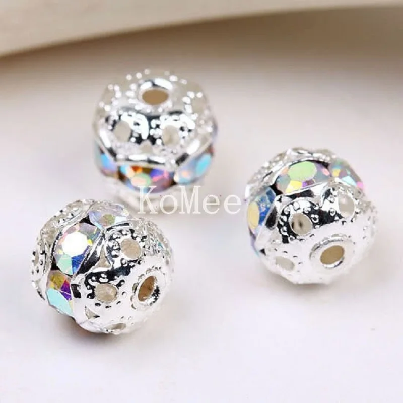 

New Arrival 8mm 10mm White AB Crystal Rhinestone Rondelle Spacer Silver Plated mental Loose Beads DIY necklace Bracelet Jewelry