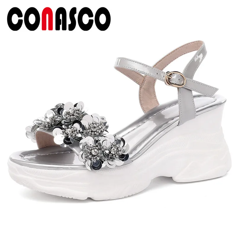 

CONASCO Summer Fashion Women Pumps Wedge Heels Buckle Strap Sandals Genuine Leather Summer Wedge Sandals Prom Party Shoes Woman