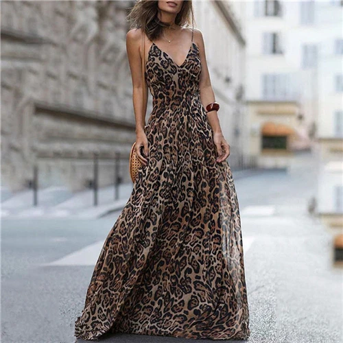 Женские макси платья с леопардовым принтом, v-образный вырез, без рукавов, длинные платья для женщин, элегантный сарафан, вечернее платье, сексуальное женское платье - Цвет: As photo shows