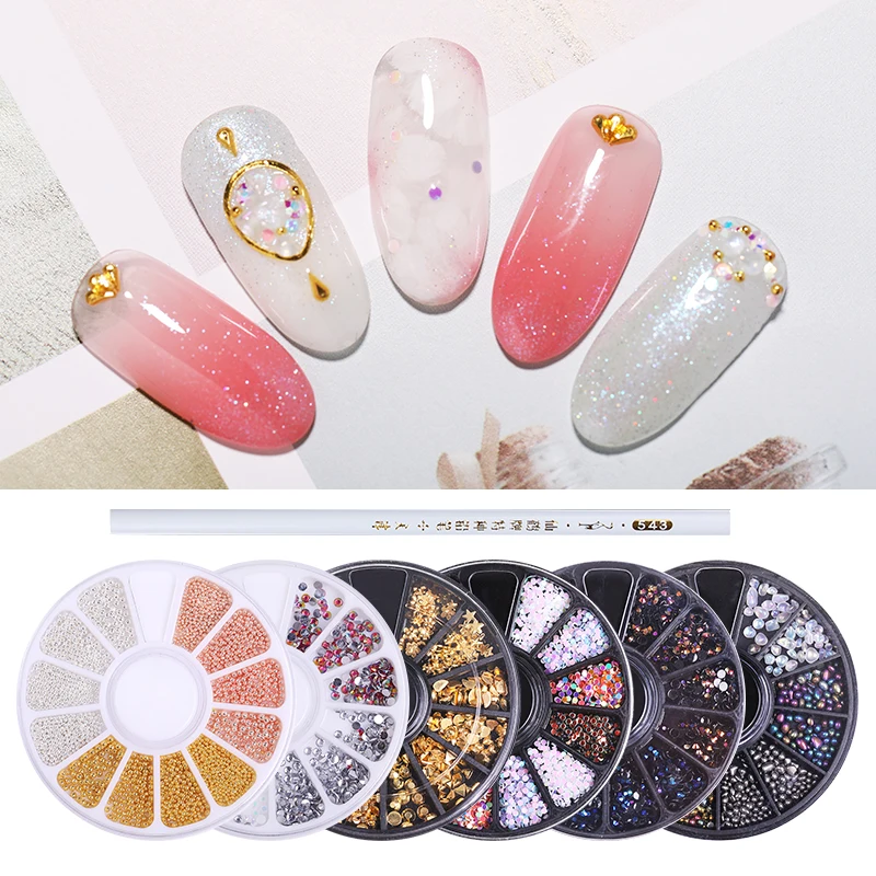 

NICOLE DIARY 3D Nail Decoration Set Mixed Patterns Colorful Beauty Gold Heart Nails Studs with Rhinestone Picker Pen