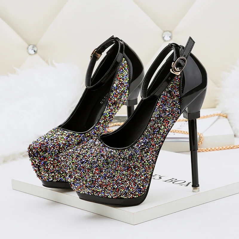 

2018 Woman 15CM Extreme High Heels Stiletto Party Heels Glitter Strappy Platform Valentine Talons Female Bridal Fetish Pumps