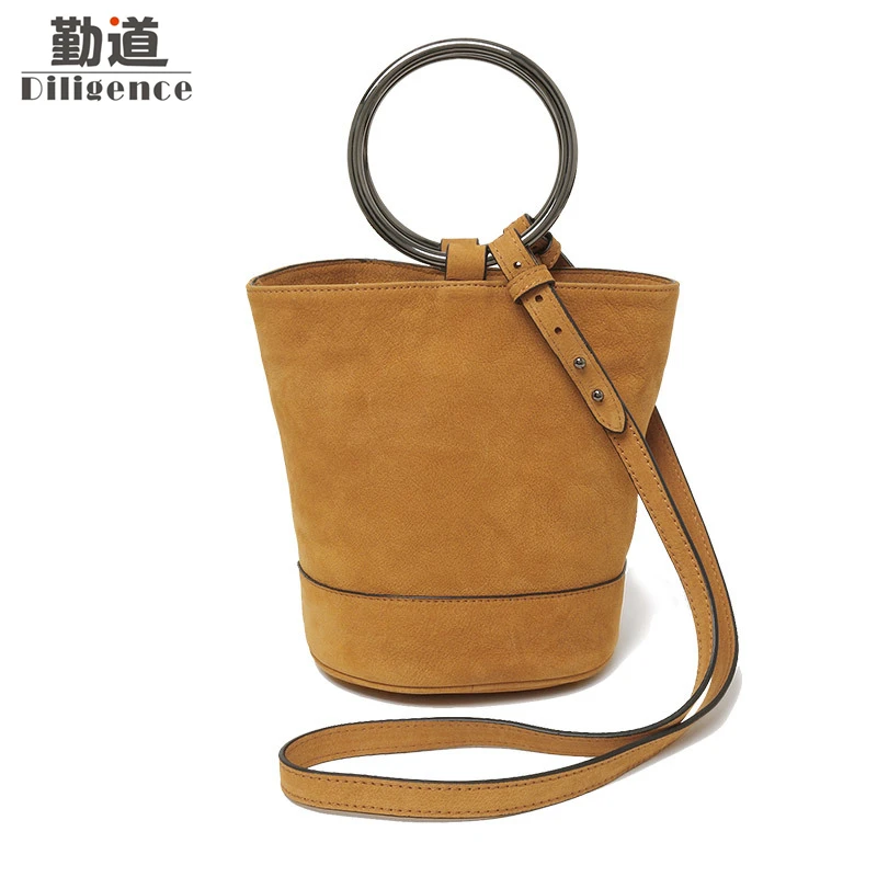 Handbag Women Genuine Leather Suede Round Metal Handle Bucket Bags Vintage Shoulder Ladies ...