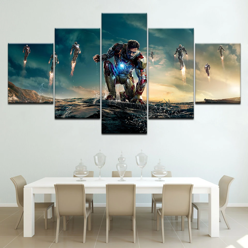 

Frame Printed cartoon Movie Iron man 5 piece picture painting wall art children's room decor Modular canvas poster Free shipping