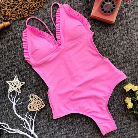 Женский сплошной бандажный бикини с глубоким вырезом, Мягкий Монокини с пуш-апом, купальник, купальный костюм - Цвет: Розовый