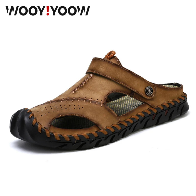 

WOOY!YOOW Slip-On Men's Sandals Solid leisure 2019 New First Layer Cowhide Sandals Leather Beach Shoes Casual Platform Shoes