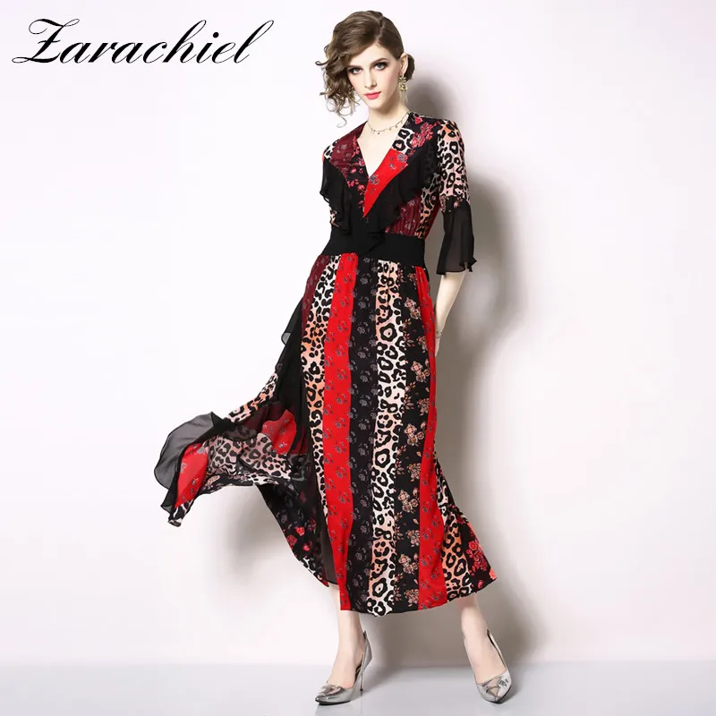 

Sexy V-neck Flare Sleeve Bohemian Chiffon Dress 2019 Summer Women Vintage Leopard Print Irregular Split Ruffles Long Dress