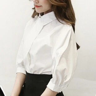 Новая модная женская элегантная качественная женская блузка, винтажная женская рубашка с коротким рукавом и отложным воротником, повседневные облегающие Топы - Цвет: Белый
