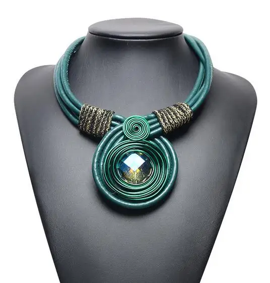 Европейская большая Хрустальная подвеска ожерелье s& Кулоны многослойный веревочный из искусственной кожи Макси ожерелье женское платье ювелирные изделия - Окраска металла: green
