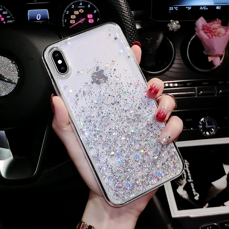 

Fashion Bling Case For iPhone XR X XS Max Shiny star For Apple iPhone 7 8 Plus TPU Silicone fully transparent Clear Cover Women