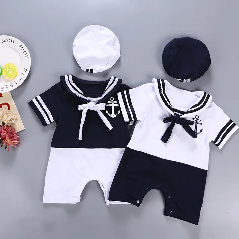 

2018 Real New Fashion Sailor Baby Boy Short Rompers Cool Navy Beret Cap Cotton Infant Clothes Costumes Seaman Jumpsuit Overall