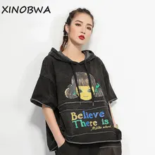 Летняя женская уличная мода 3D мультфильм письмо верят печать футболка Топы женские повседневные винтажные Промытые рубашки с капюшоном