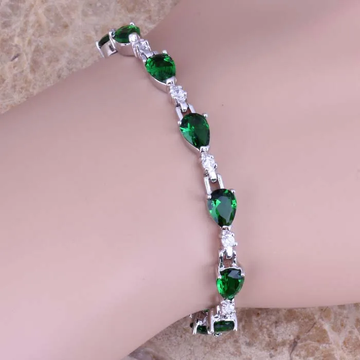 

Fancy Green Cubic Zirconia White CZ 925 Sterling Silver Link Chain Bracelet 6.5 - 7.5 inch S0591