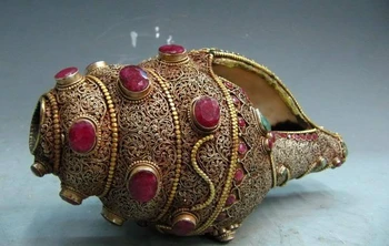 

L 8" Nepal Pure Silver inlay ruby beryl Conch trumpet shell