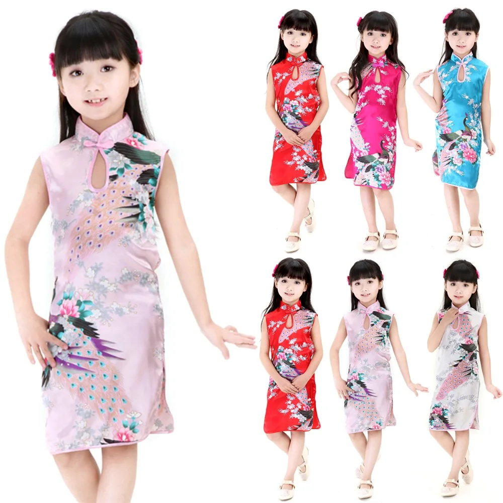 2Y-8Y Baby Girl Dress Peacock Sleeveless Slim Traditional Dress Cheongsam Girls Clothes Chinese Style Qipao baby chinese dress
