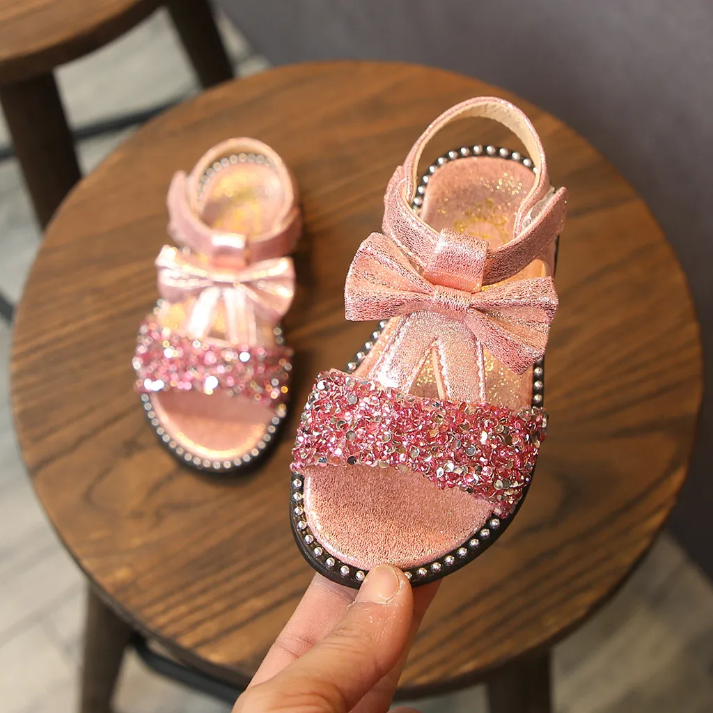 Детская обувь для девочек блёстки туфли принцессы для девочек модные резиновые подошвы лук сандалии для маленьких девочек на липучке