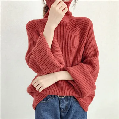 XIKOI осенние женские свитера с высоким воротом, свободный размер, Длинные свободные пуловеры и свитера с расклешенными рукавами, модные вязаные свитера, джемперы - Цвет: Red