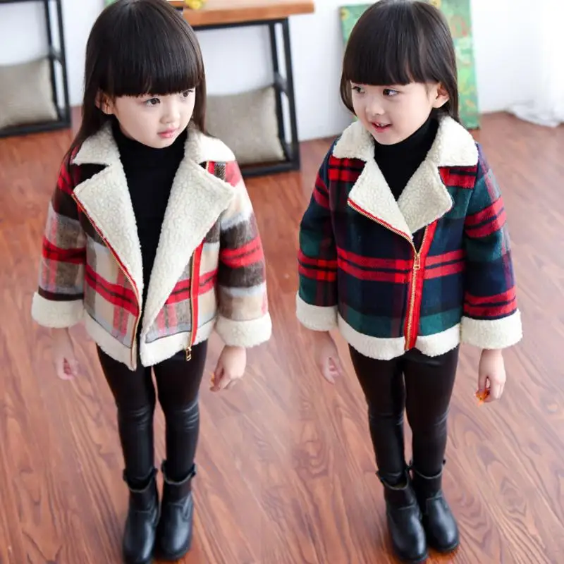 

Fashion Kids Plaid Fleece Zippered Wool Blended Coat Baby Boys Girls Autumn Winter Thick Warm Outwear Slim Coat Jacket