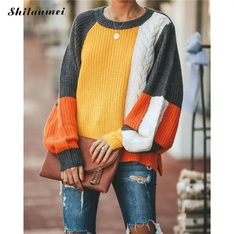 Autumn Winter Women Sweaters And Pullovers Street Style Lantern Sleeve Patchwork Jumper Fashion Loose Chunky Knit Sweaters