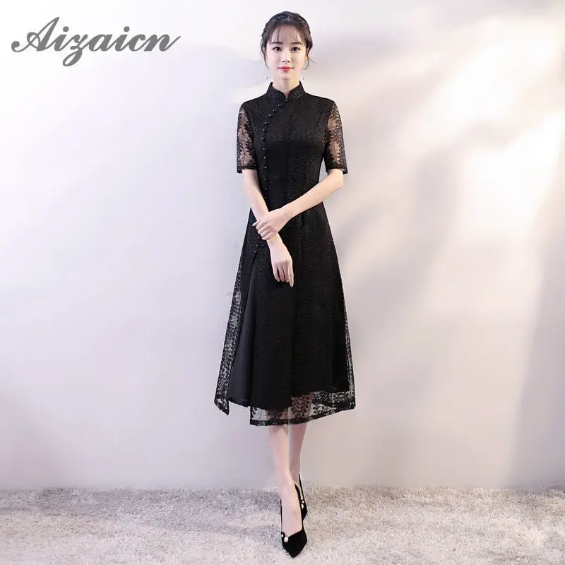 Традиционное черное кружевное сексуальное платье Ao Dai Вьетнам Восточное