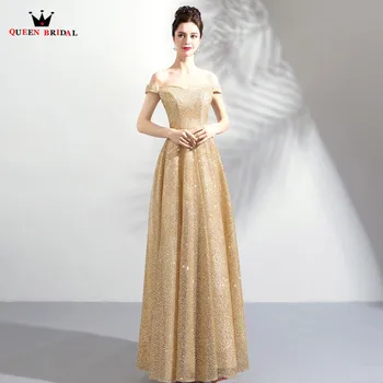 

A-line Cap Sleeve Gold Sequin Simple Long Formal Bride Evening Dresses 2020 New Party Evening Gown Robe De Soiree MT65